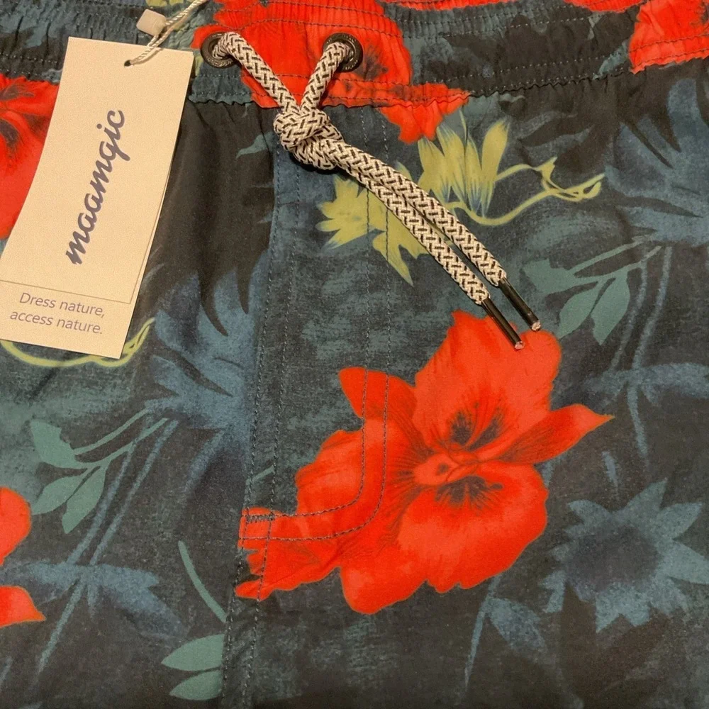 Maamgic‎ Mens XXL Swim Trunks Tropical Floral Hibiscus Board Shorts Red Teal NEW